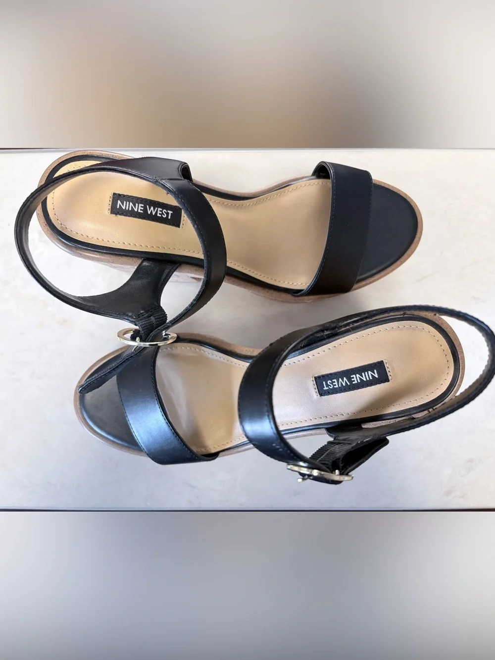 Nine West Black Leather Cork Platform Sandals